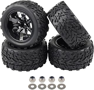 Rowiz 4 Pack 12mm Hex RC Wheels and Tires for 1/10 Monster Truck Tyre (with Nuts and Washers), RC Car Parts