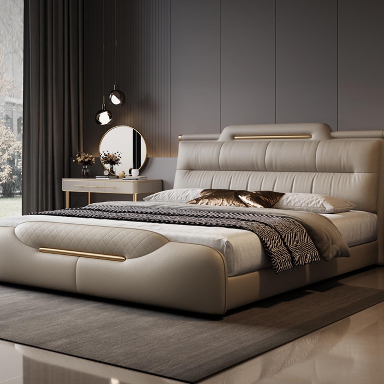 King Size Genuine Leather Wood Bed Upholstered Platform Bed Frame with Headboard and Lift Up Storage Wooden Slats