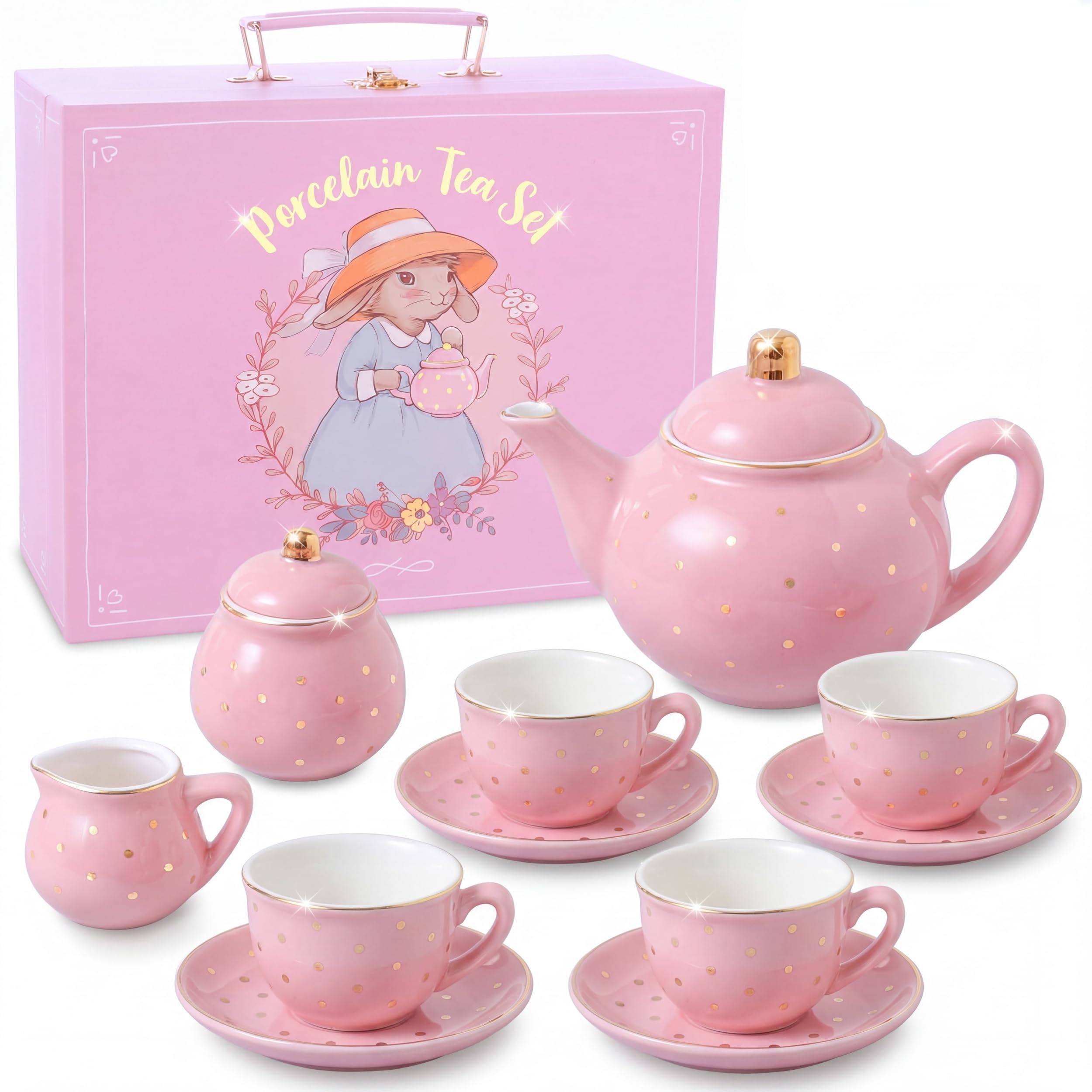 Giggle &amp; Honey® Tea Party Set for Little Girls - Pink Gold Polka Dot