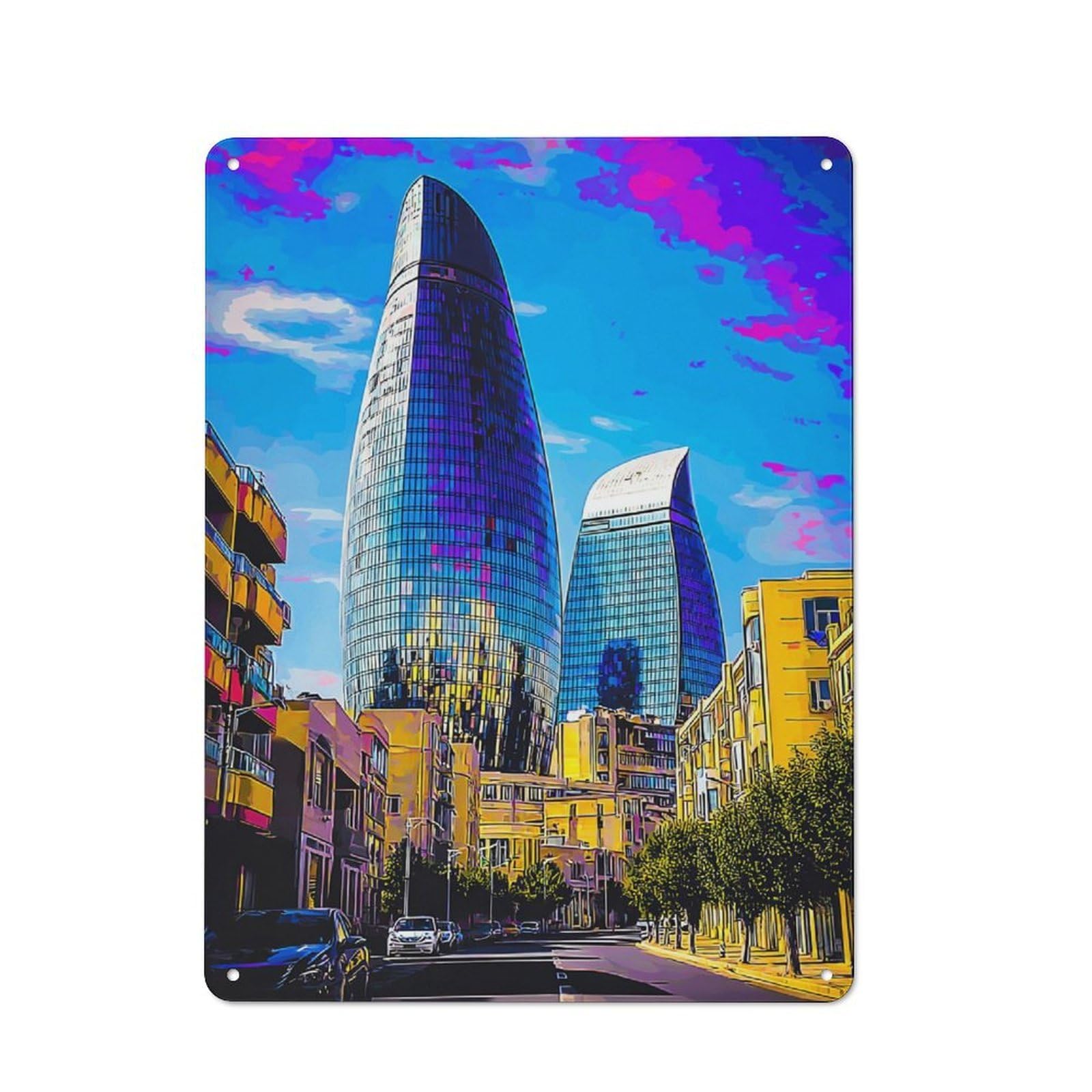 Junmoney Modern Cityscape With Skyscrapers Warehouse Style Tin Wall Sign 40X30cm Featuring Loft Wall Plaque For Loft, Studio, Office Or Creative Room