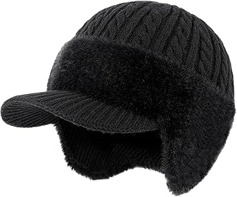Panmall Winter Beanie with Ear Flaps & Brim - Fur-Lined Knitted Cap for Men, Warm Wool Blend, Outdoor Ski & Casual Style Black