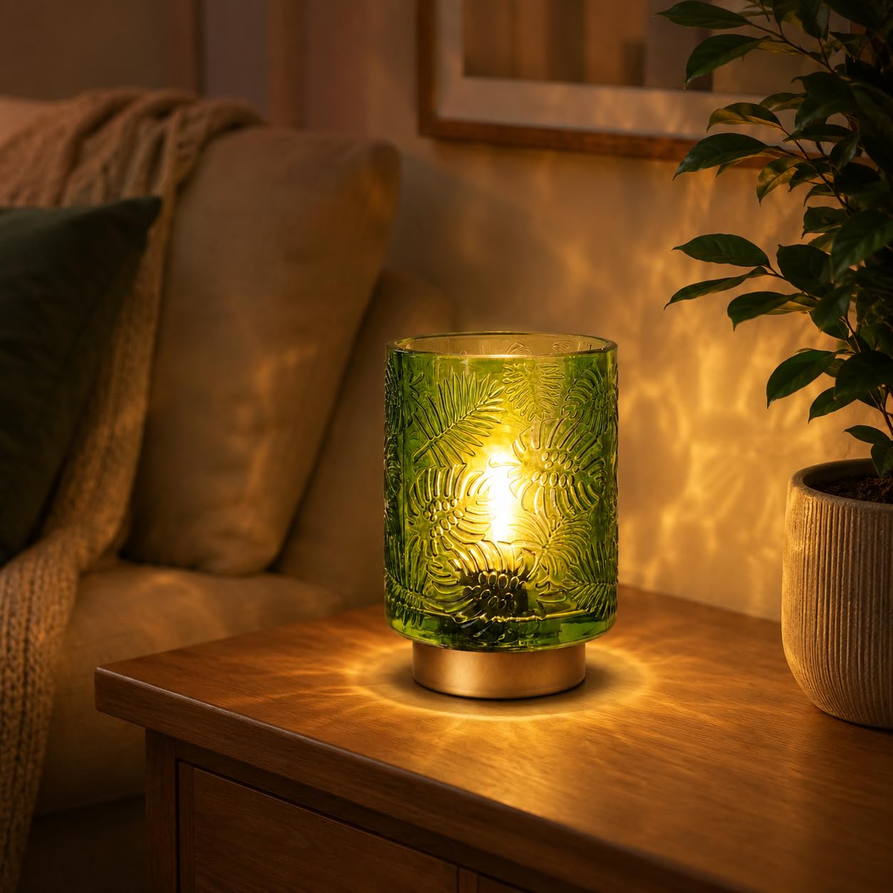 Battery Powered Table Lamp, Green Glass Decorative Table Light with LED Bulb Dimmable Cordless Night Lighting, Decorative Touch Lamps for Bedroom Dining Living Room- Gift for Women