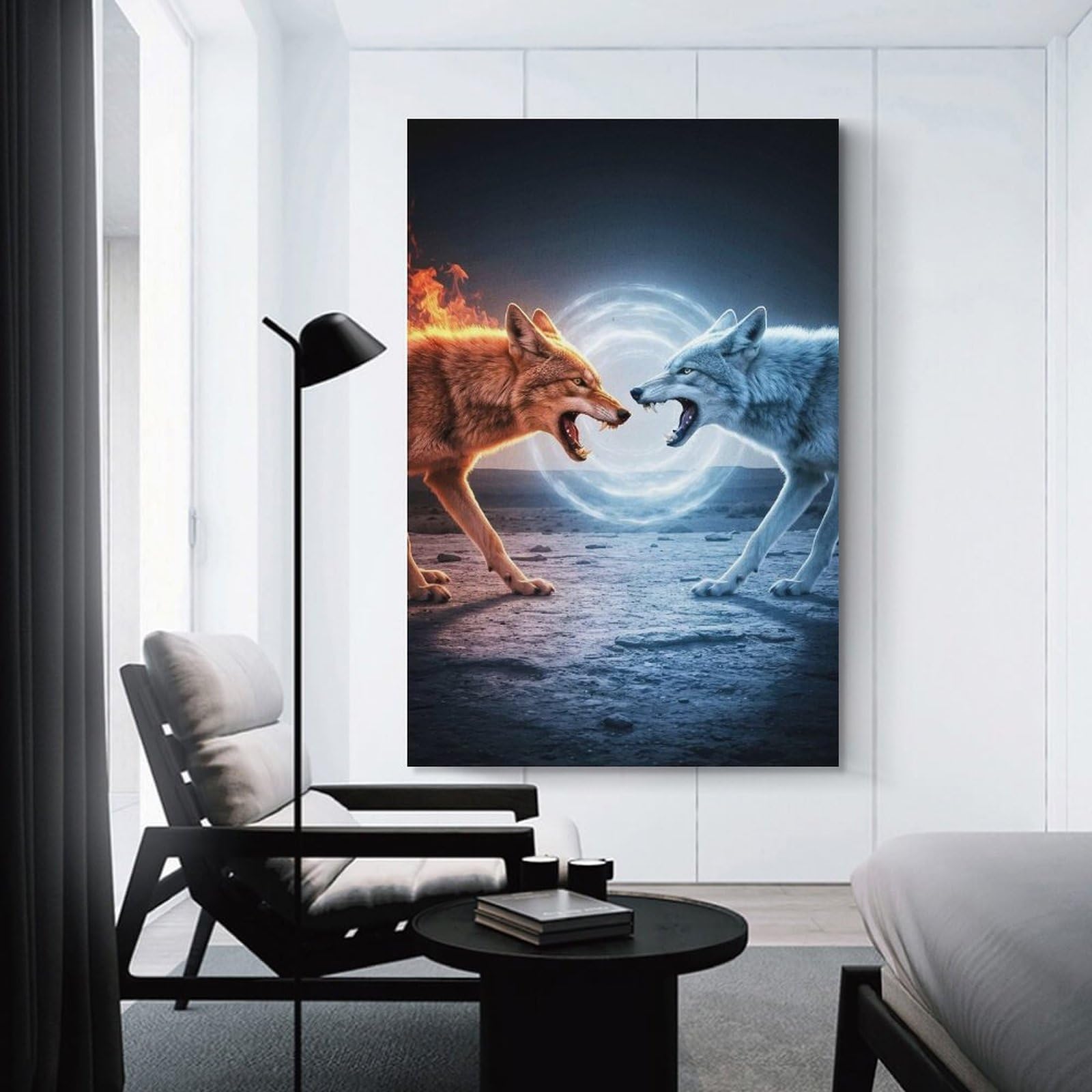 Junmoney Unframe-Style-3 Fire And Ice Wolves Confrontation Canvas Art Print, 24X36inch(60X90cm), For Office Decor, Home Working Or Creative Rooms, A Smart Decor Choice For Study Walls