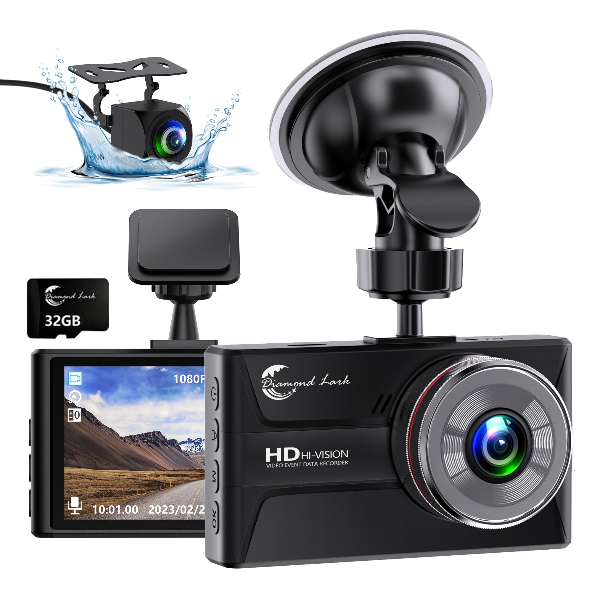 1080P Dash Cam Front and Rear with 32GB SD Card, Diamond Lark Dual Dash Camera for Cars, 3” LCD Screen Dashcam with Type-C Port, HDR, G-Sensor, Loop Recording, Parking Monitor, Night Vision