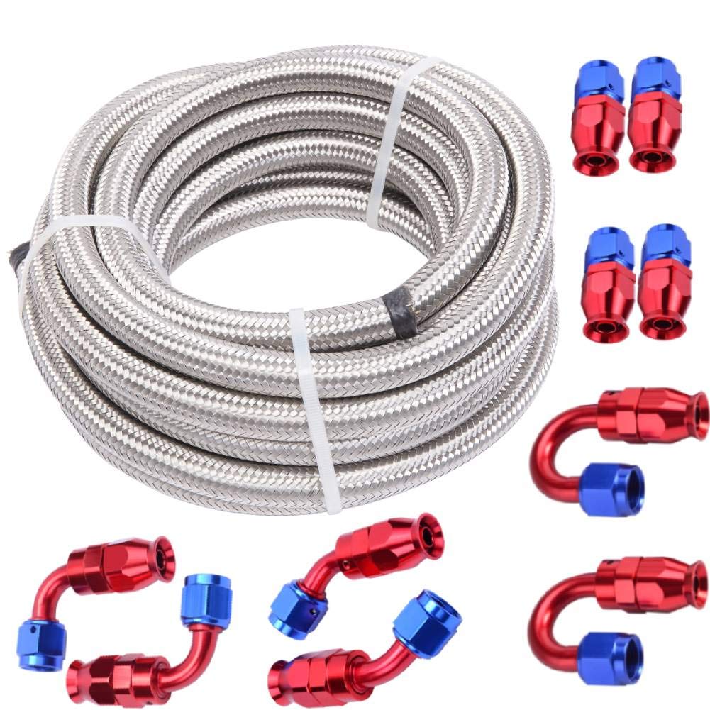 MOOSUN 8AN 1/2" Nylon Braided CPE Fuel Line Hose Fitting Kit 20FT Red&Blue (11.12mm ID)