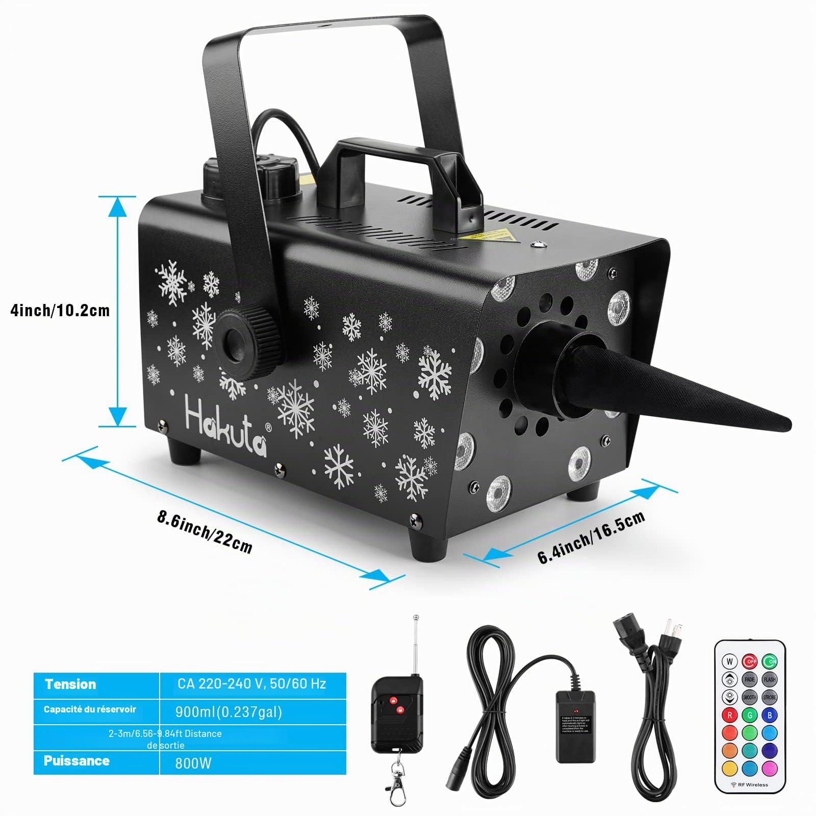 Hakuta Machine à neige 800W avec 8 LED, y compris la télécommande, machine à neige éclairage coloré pour Halloween, Noël, mariage, fêtes et scène DJ, Rouge