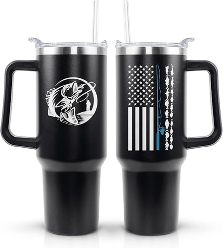 PERRIFIC Vaso de pesca de 40 onzas con asa y tapa de popote a prueba de fugas, regalos de pesca para hombres, regalos de Navidad y cumpleaños para
