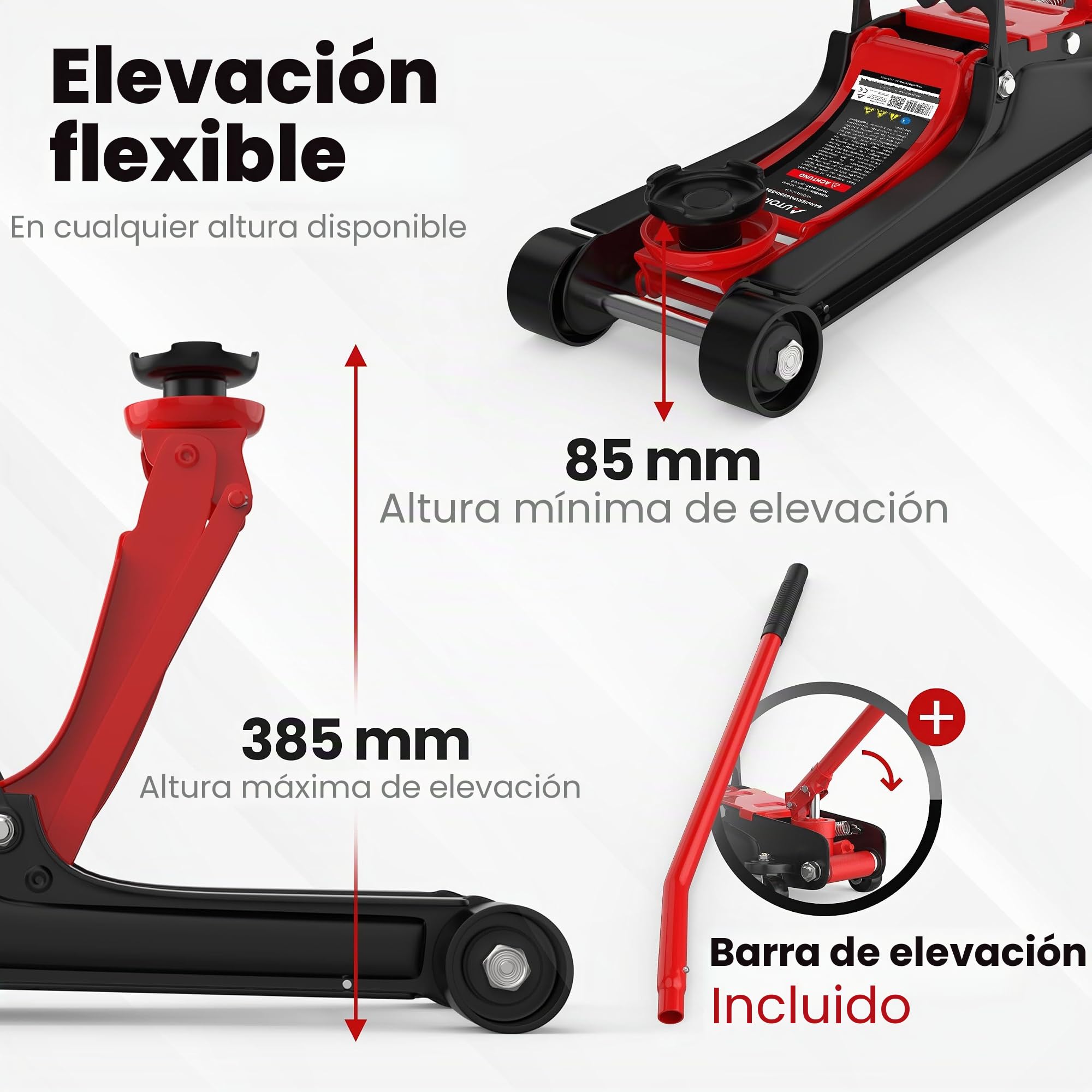 Domkraft 2,5T extra plano – domkraft hidráulica con maletín, 3 almohadillas de goma y adaptador – gato hidráulico para coches de pasajeros de hasta 2 500 kg (rojo)