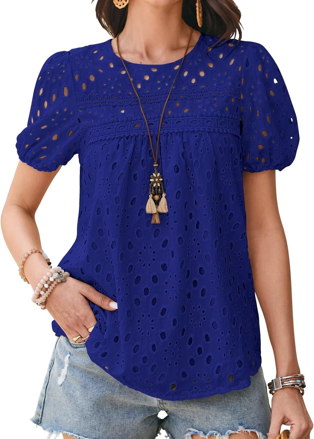 Womens Summer Tops Crewneck Short Sleeve Shirts Casual Babydoll Chiffon Blouses Eyelet Flowy Lace Hem Boho Clothing