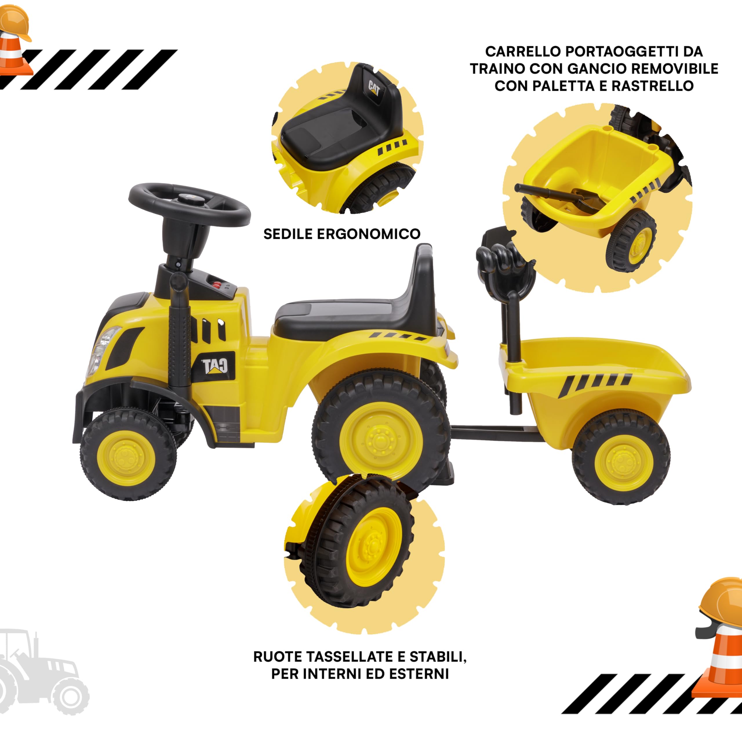 Baroni Toys Trattore Cavalcabile con Rimorchio per Bambini da 1-3 Anni con Licenza CATERPILLAR, Suoni Realistici, Fari Funzionanti e e Vano Portaoggetti, per Interno ed Esterno, 29x91x44 cm