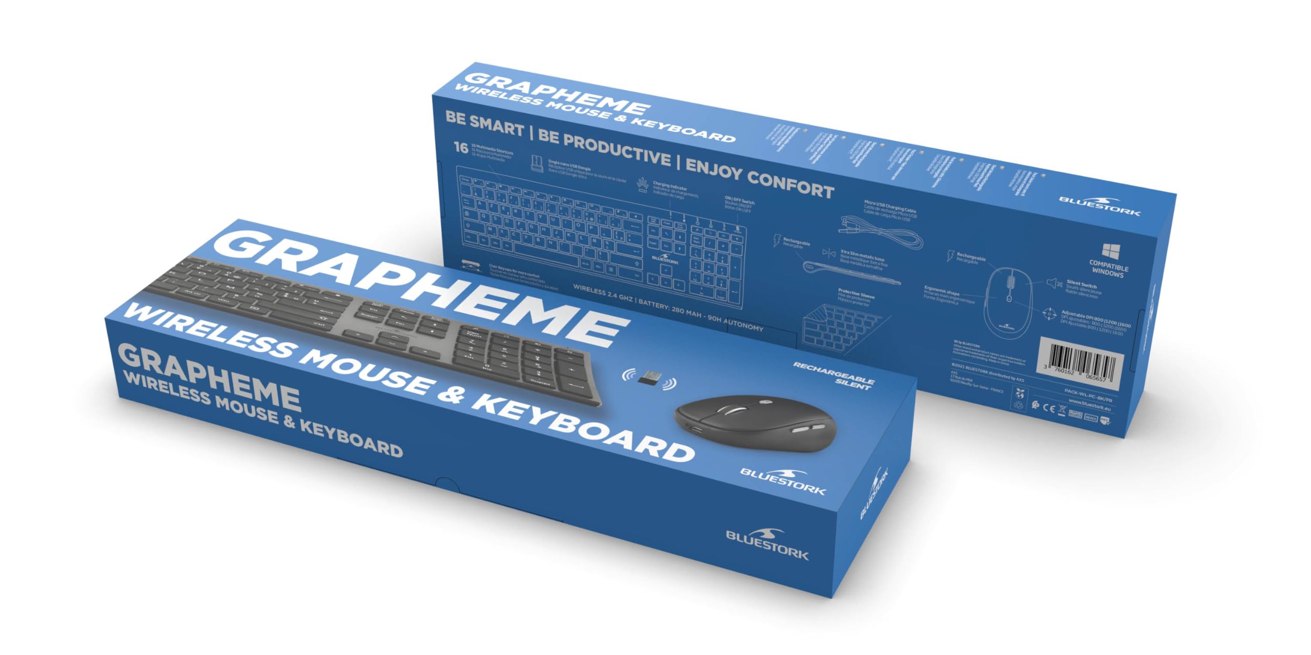 BlueElement - Pack Clavier et Souris sans Fil Grapheme - Wireless avec Smart Dongle - Clics Silencieux - Design Ultra Slim - Ergonomique - Rechargeable - AZERTY FR (Black)
