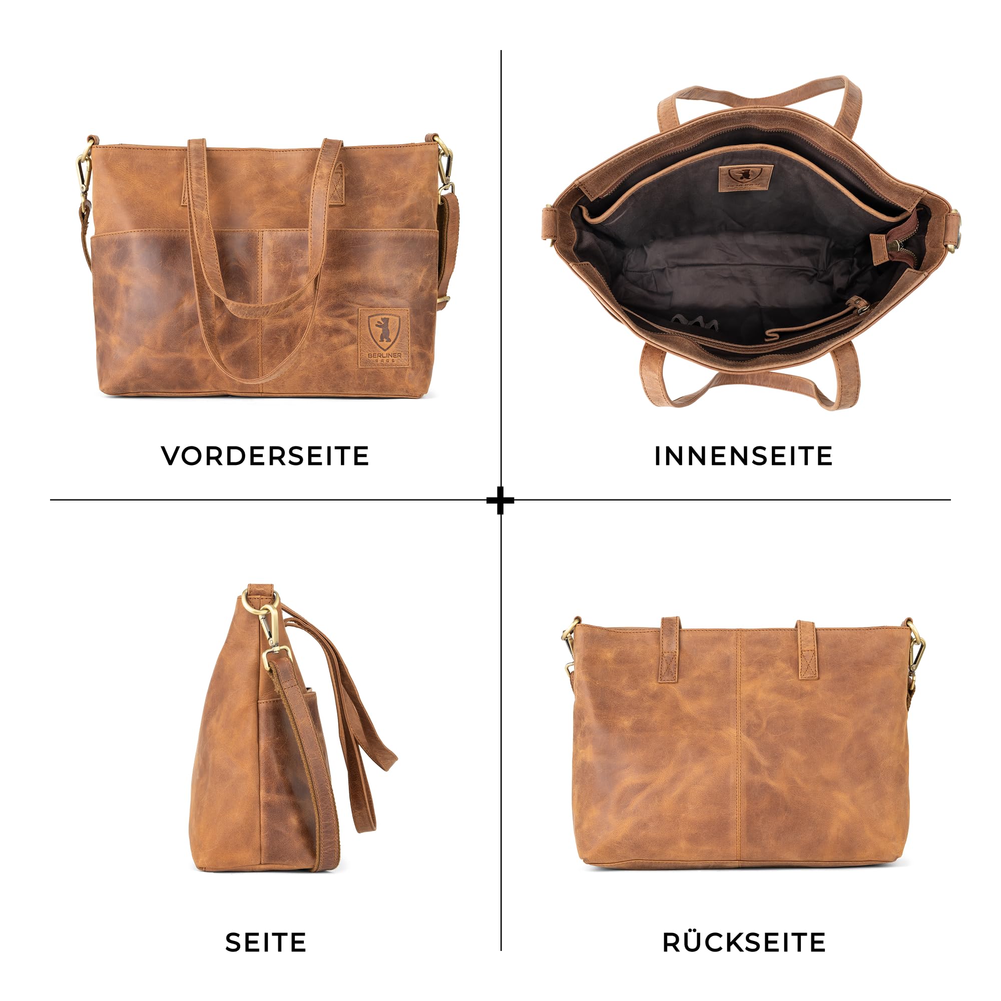 Berliner Bags Vintage Arbeitstasche Julia, Große Umhängetasche aus Leder, Schultertasche mit 14" Laptopfach, Handtasche für Damen