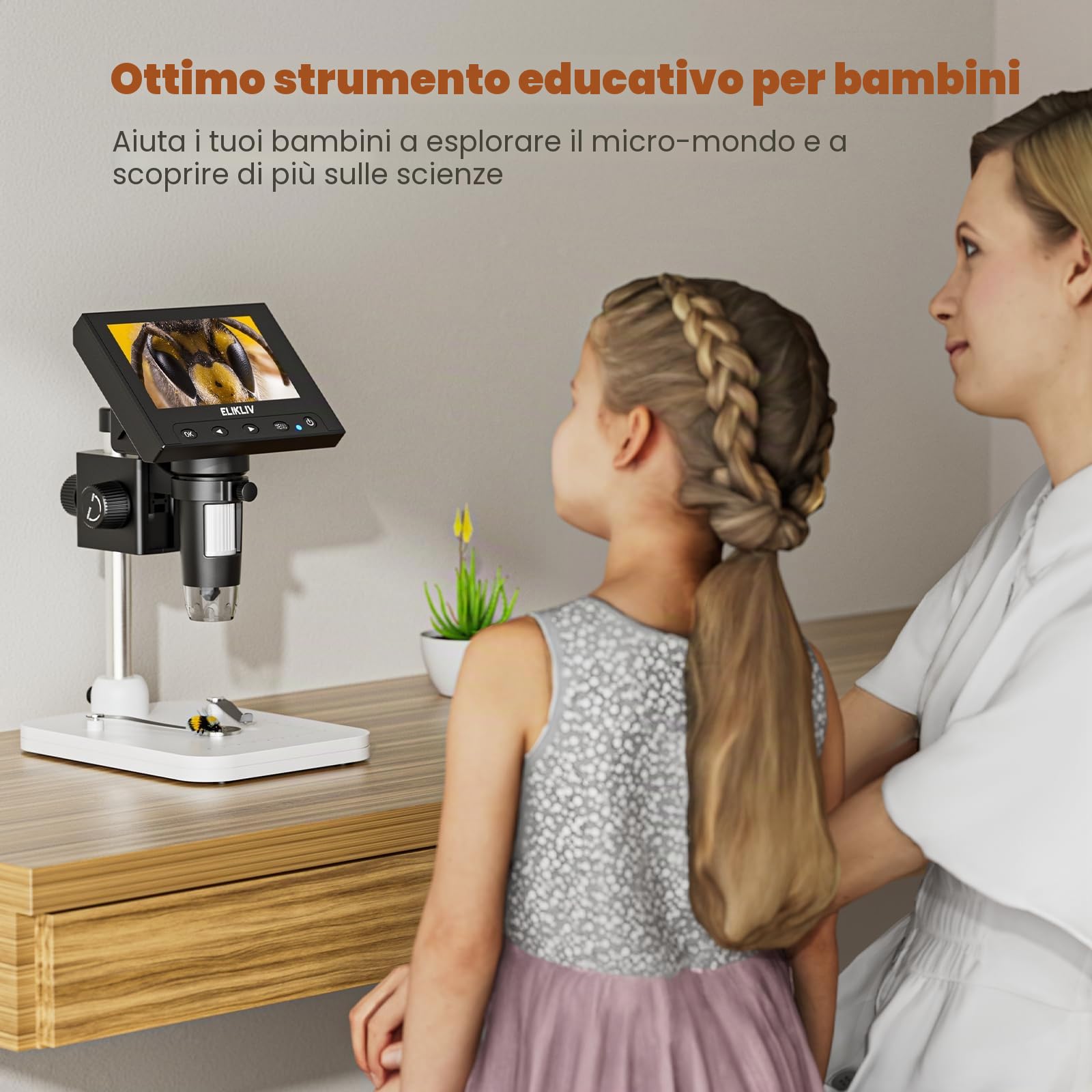 Elikliv Microscopio digitale LCD per monete 1000x, Lente d'ingrandimento con 8 luci LED regolabili, Vista PC compatibile con Windows, EDM4, 4,3 pollici