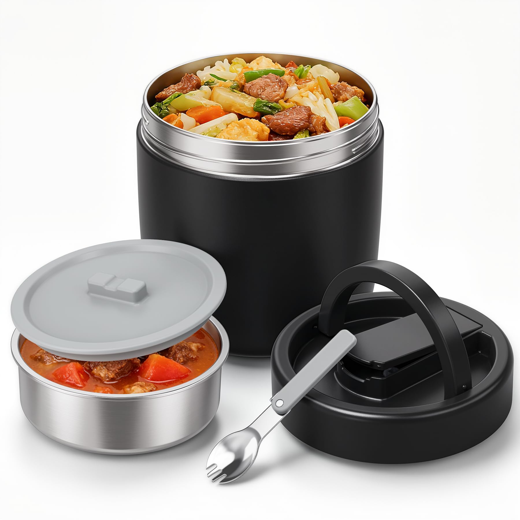Pawtong 40.5oz Thermo for Hot Food Adults, Soup Thermo Lunch Containers with Wide Mouth & Spoon, Stainless Steel Vacuum Insulated Food Jar, Food Thermos with Handle(Black)