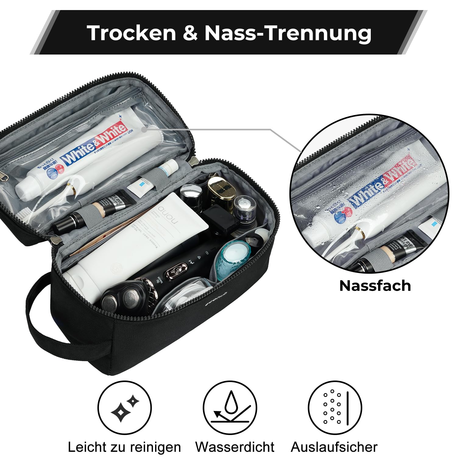 ECOHUB Borsa da Toilette da Viaggio Donna, Borsa da Barba per Uomo, Trousse de Toilette con Separazione Asciutto-Bagnato, Organizzatore di articoli da Toeletta, Brevetto Pendente(Nero)