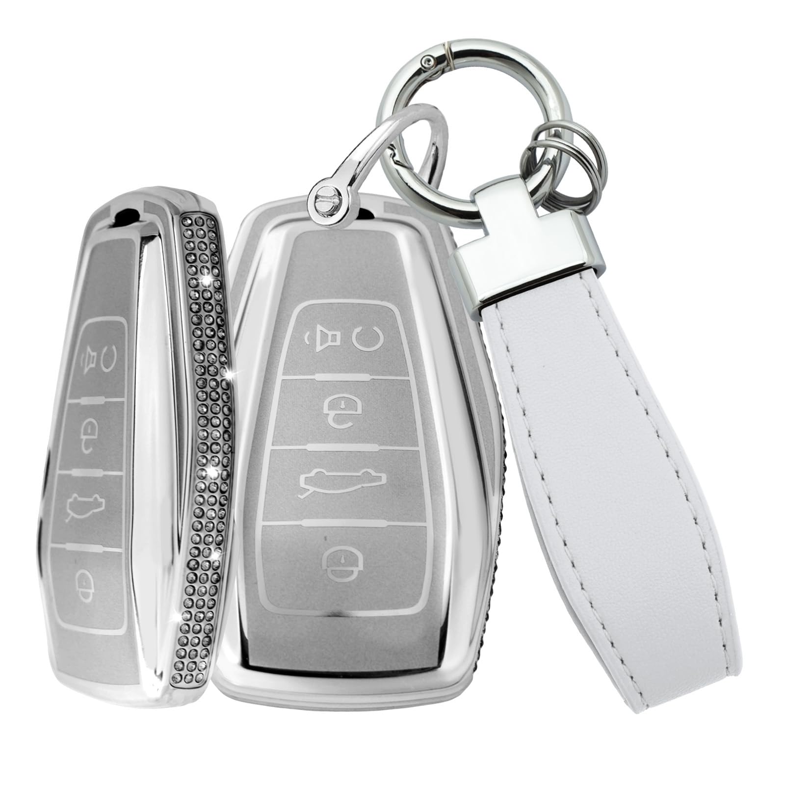 Sparkly Key Fob Cover Compatible with Geely Emgrand/GT/GC9/Coolray/X6/X7/Global Hawk GX7/Atlas/Boyue/NL3/EX7 Durable TPU Car Key Housing with Diamond Crystal, Silver