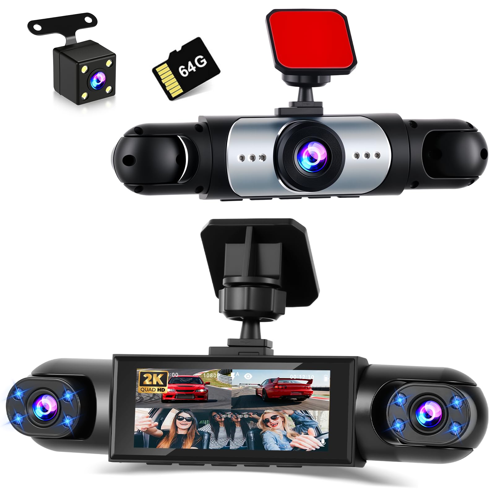 DashCam de 4 Canales para Coche, Cámara de 360° FHD 1080P Delantera, Trasera, Interior, Izquierda y Derecha, Pantalla de 3,16", con Tarjeta SD de 64 GB, Visión Nocturna,Grabación en Bucle