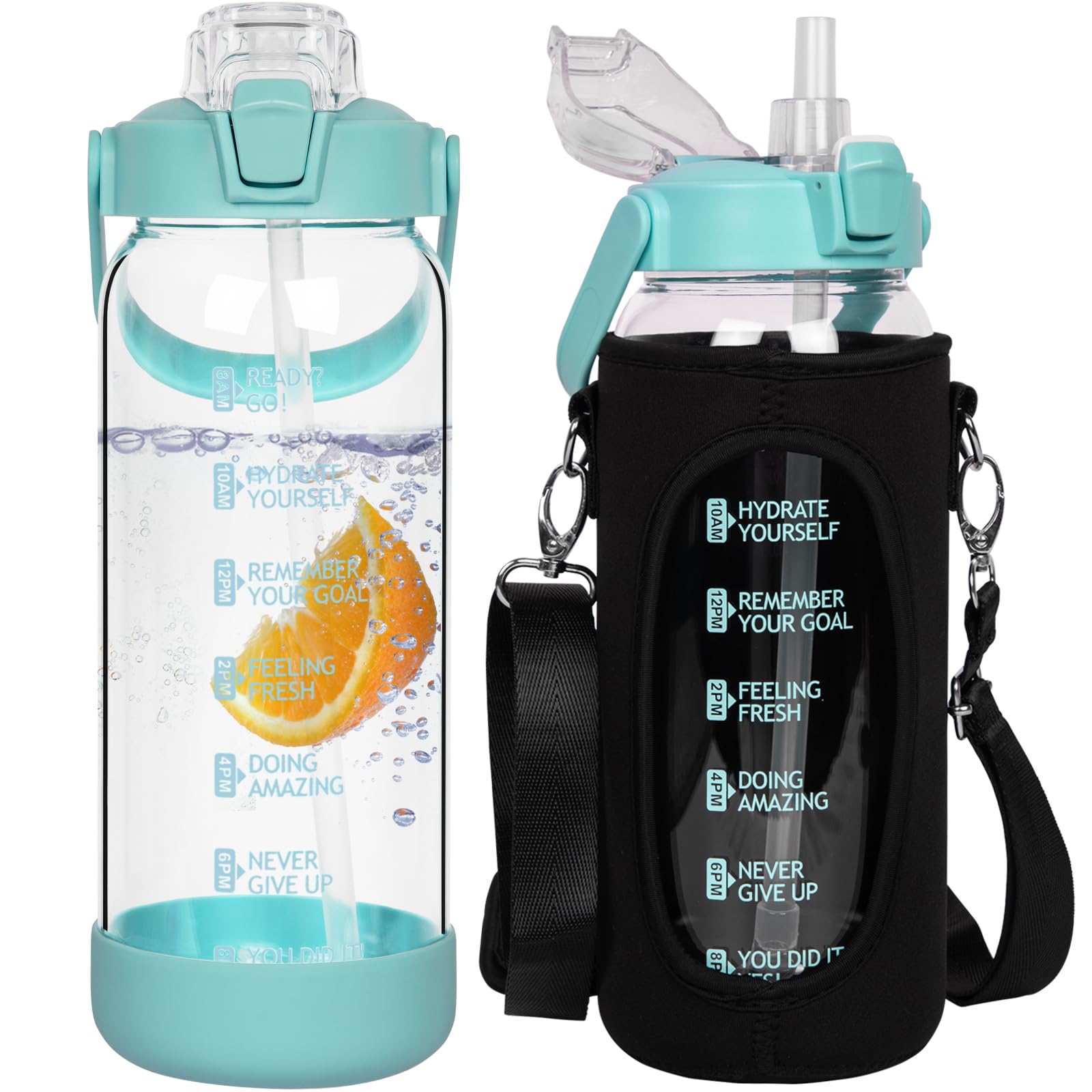 Seekua 2l Glass Water Bottle with Straw & Motivational Time Markings 2 litre Large Leakproof Gym Drinking Bottle