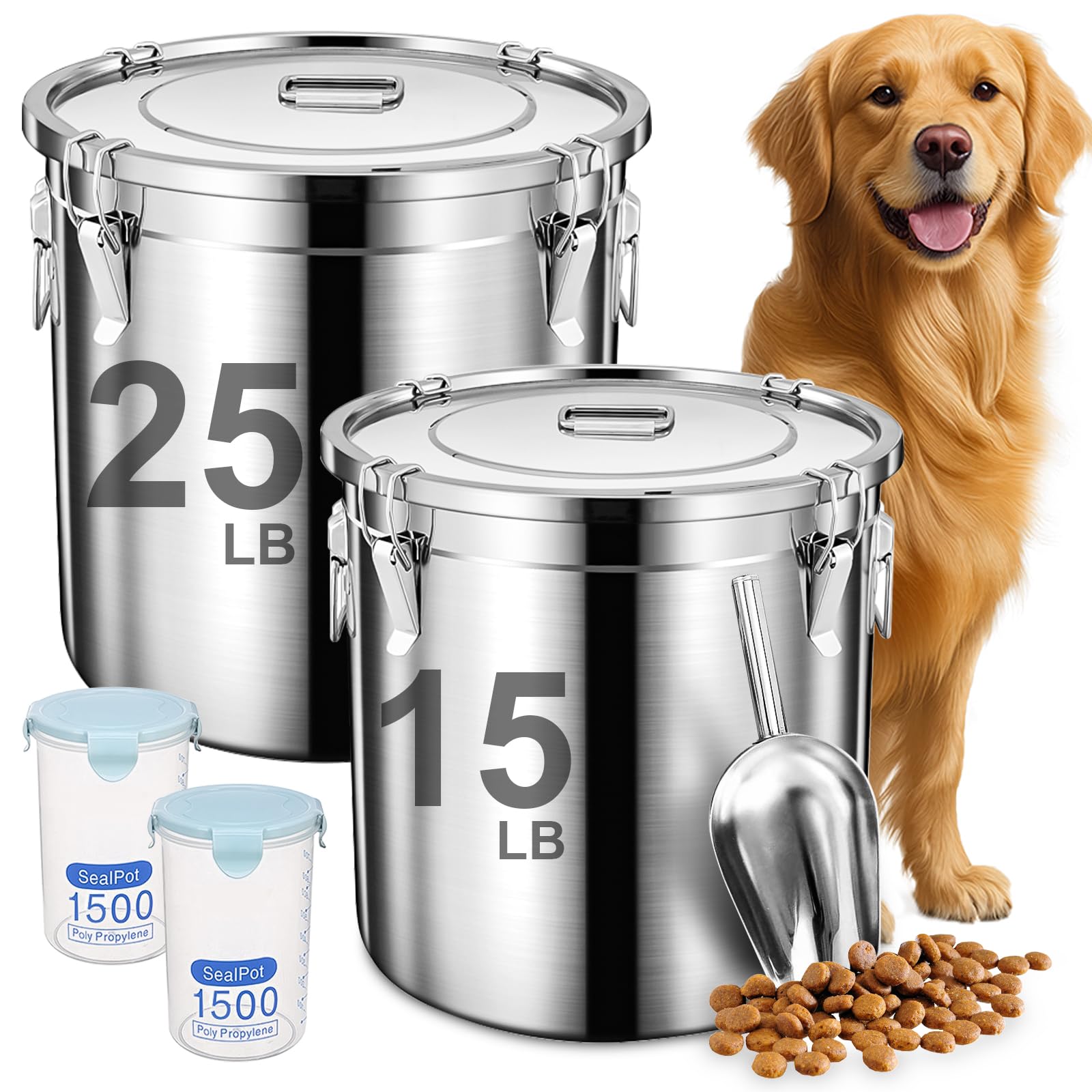 Newget Hundefutter Vorratsbehälter, Groß Edelstahl Tierfutter Vorratsbehälter 38lb / 17kg zum Frischhalten, Metall Luftdichte Katzenfutterbehälter mit Schaufel und 2 Kleine Behälter