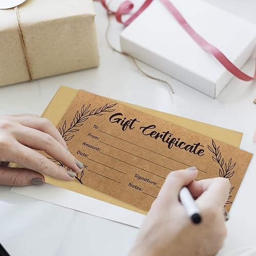 Miniatura 3 de 48 tarjetas de certificado de papel kraft en blanco con 48 sobres para salones de negocios, restaurantes, spa, Navidad, cumpleaños, 3.5 x 7 pulgadas