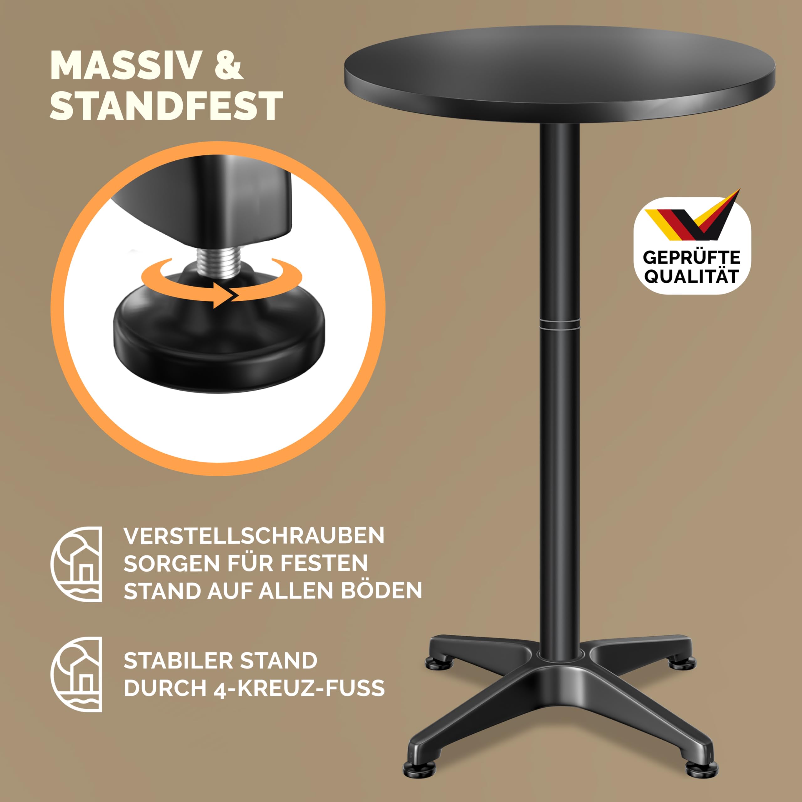 Casaria® 2in1 Stehtisch Höhenverstellbar 70 cm / 115 cm Hoch Aluminium Ø 60 cm Rund Wetterfest Outdoor Indoor Camping Bistrotisch Balkonmöbel Schwarz