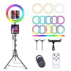 13" Selfie Ring Light with 76" Tripod Stand & 3 Phone Holder, LED Camera Ringlight with 48 RGB Colors Modes & Musical Rhythm Mode and 12 Brightness Dimmable for Makeup/Photography/Videos/Vlog/TikTok
