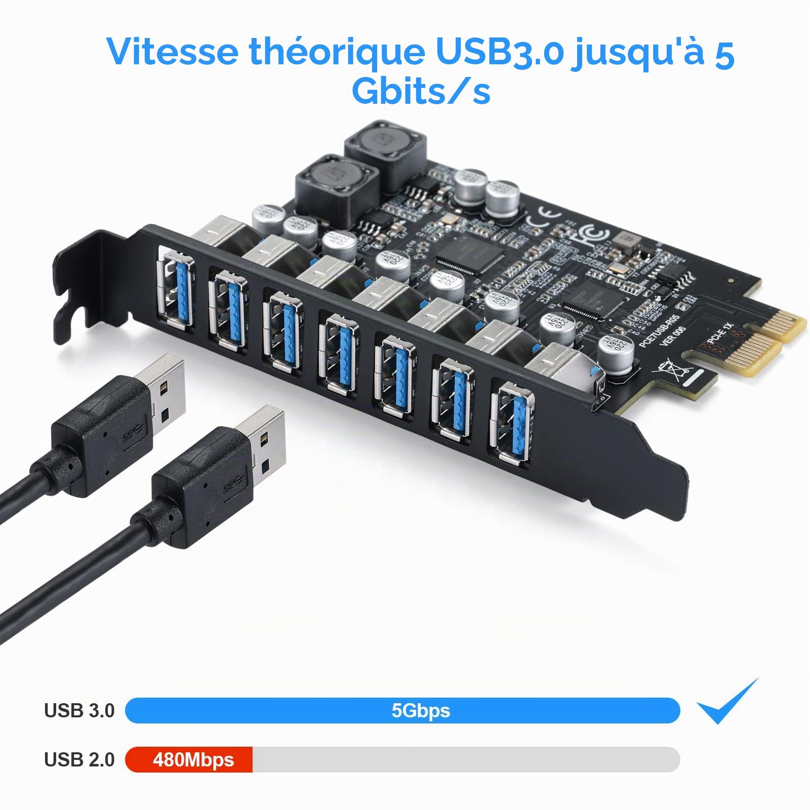Carte PCIe avec 7 Ports USB 3.0,Carte d'extension PCI Express USB3.2 GEN 1(5 Gbit/s), Support UASP, Plug & Play, pour Windows 11/10/8/7/XP/Vista/Linux