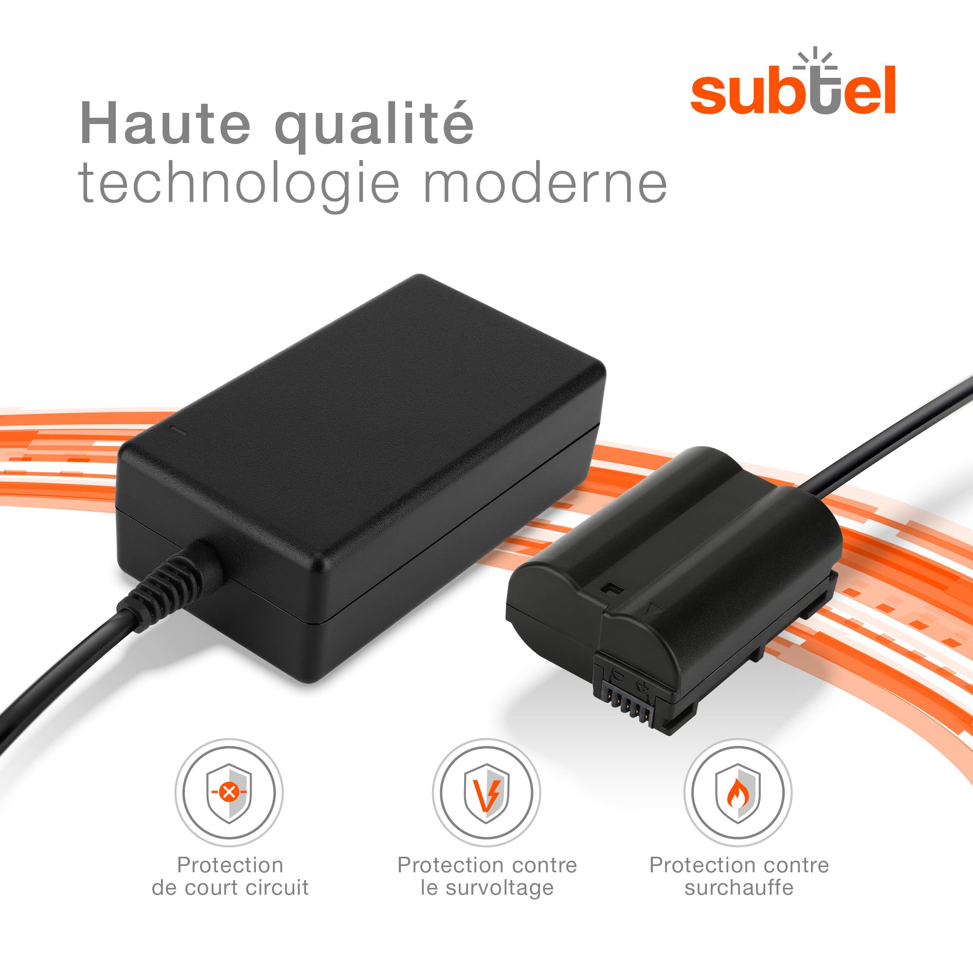 subtel Alimentation + Coupleur DC accumulateur factice Appareil Photo EH-5 + EP-5B, EH-5a EH-5b EH-5c Compatible avec DC Coupler, Accu Dummy ca. 3,5m Charge Timelapse
