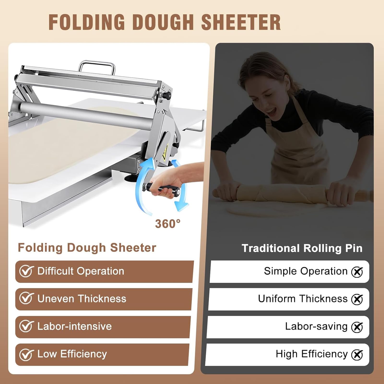 Laminadora Masa Manual Plegable | Pizza Y Croissants | Rodillo Repostería Acero Inoxidable | Grosor Ajustable 0,5 a 17,5 Mm/0,5 a 27 Mm | Ideal para Fondant y Pastelería