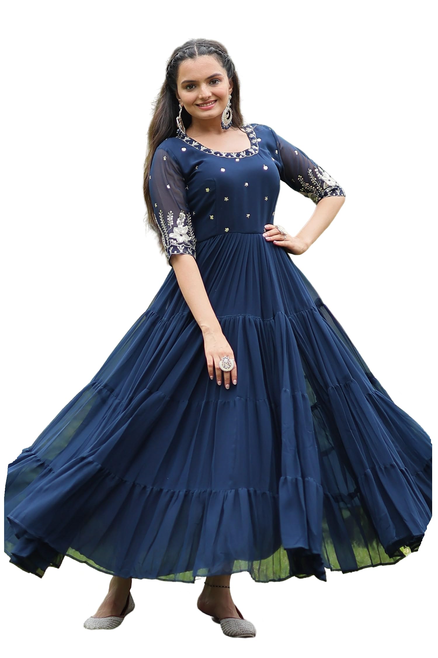 lazzly Womens Sequence with Thread Embroidery Georgette Maxi Dress Ethnic Wear Comfortable Round Neck Gown-picture-53