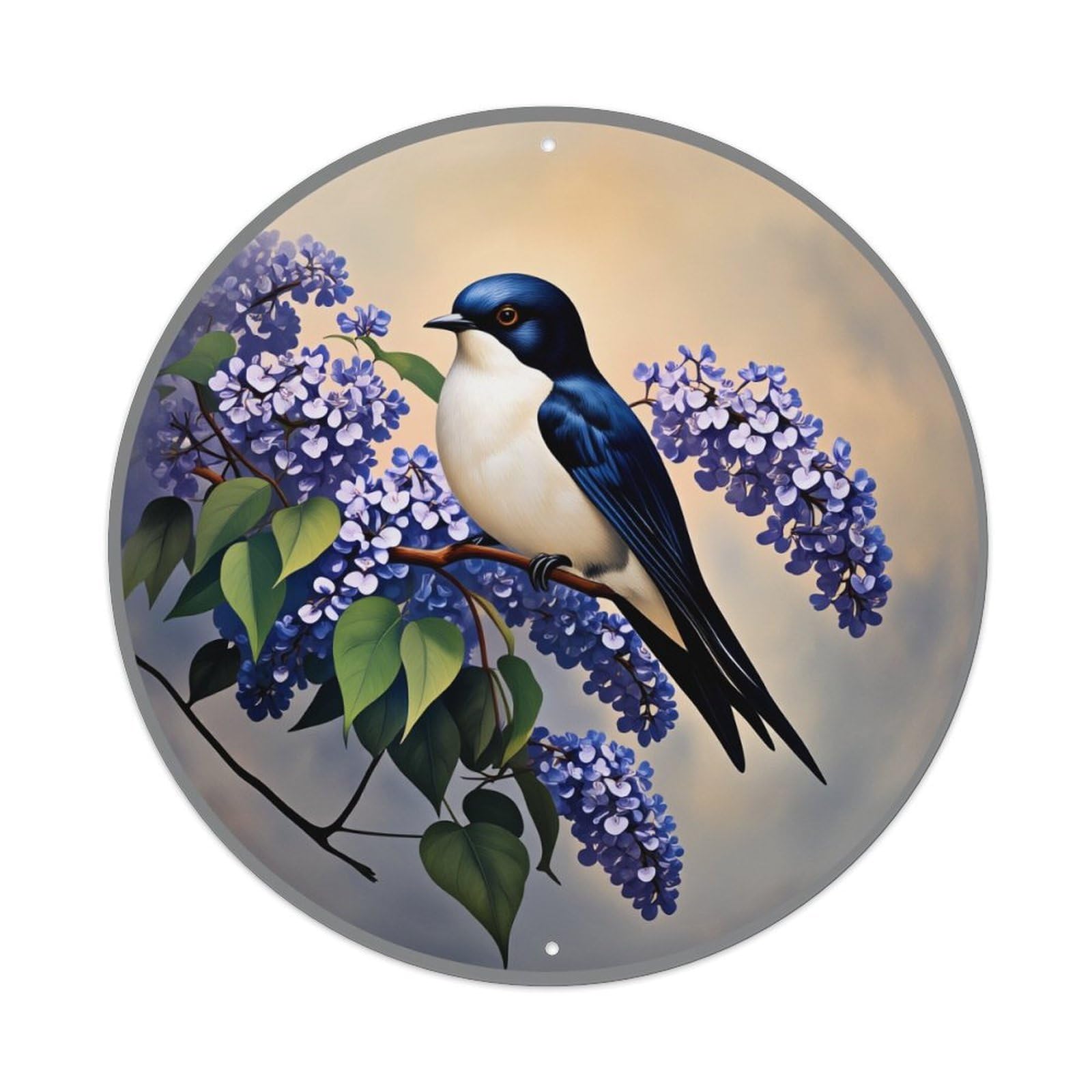 Bird Perched On Lilac Branch Round Tin Sign Vintage Style Metal Sign Home Bar Garden Wall Plaque Decor Metal Poster 8x8 Inch