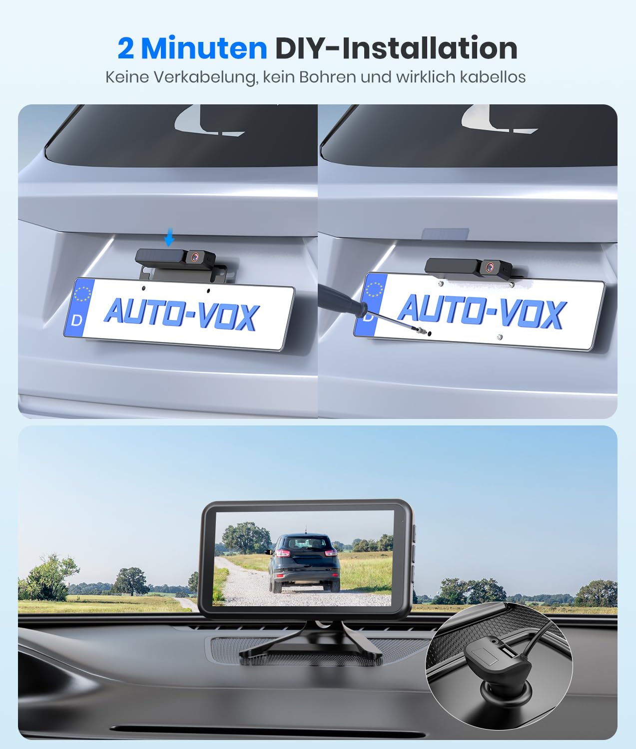 AUTO-VOX Solar Rückfahrkamera Kabellos 5" 1080P Monitor 5000mAh Akku IP69K Wasserdicht für Auto LKW Van SUV Wohnmobil