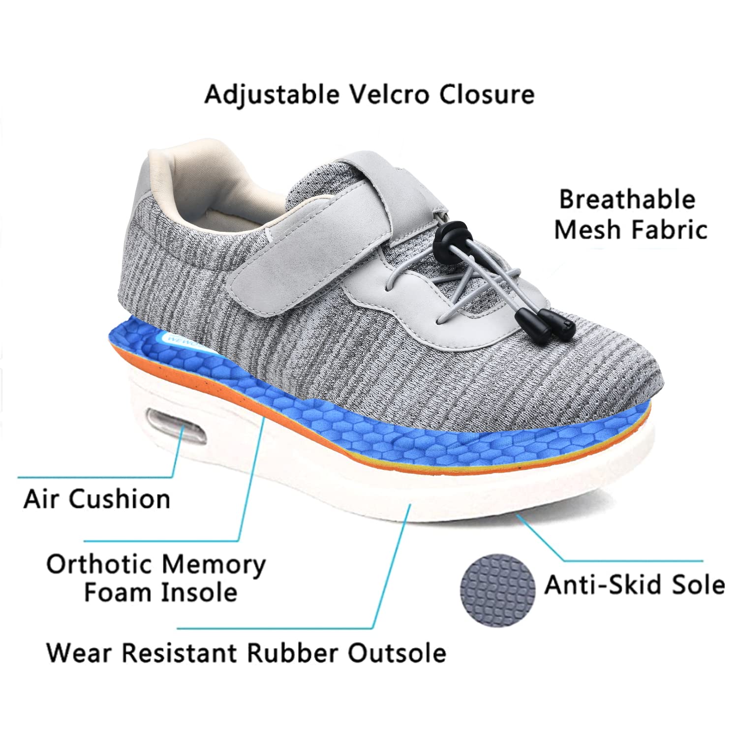 Bequeme Ödemschuhe für Senioren – Unisex-Sneaker mit einfachen Verschlüssen, breiter Zehenbox, leicht und rutschfest,Schwarz1,43