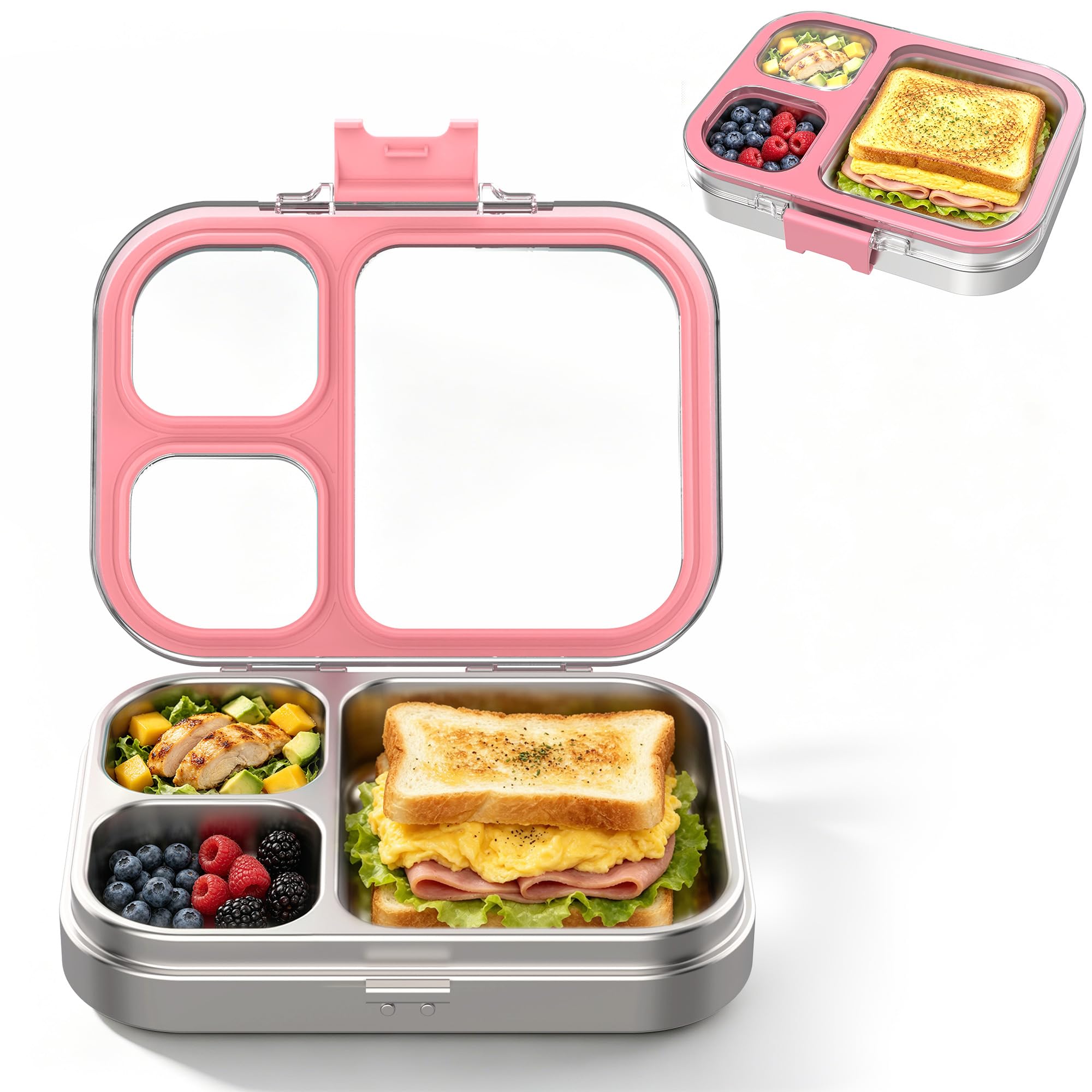 VITONIS Fiambrera infantil de acero inoxidable, fiambrera con 3 compartimentos, fiambrera infantil A prueba de fugas, sin BPA, apta para lavavajillas,Adecuado para campus, picnic (Rosa)