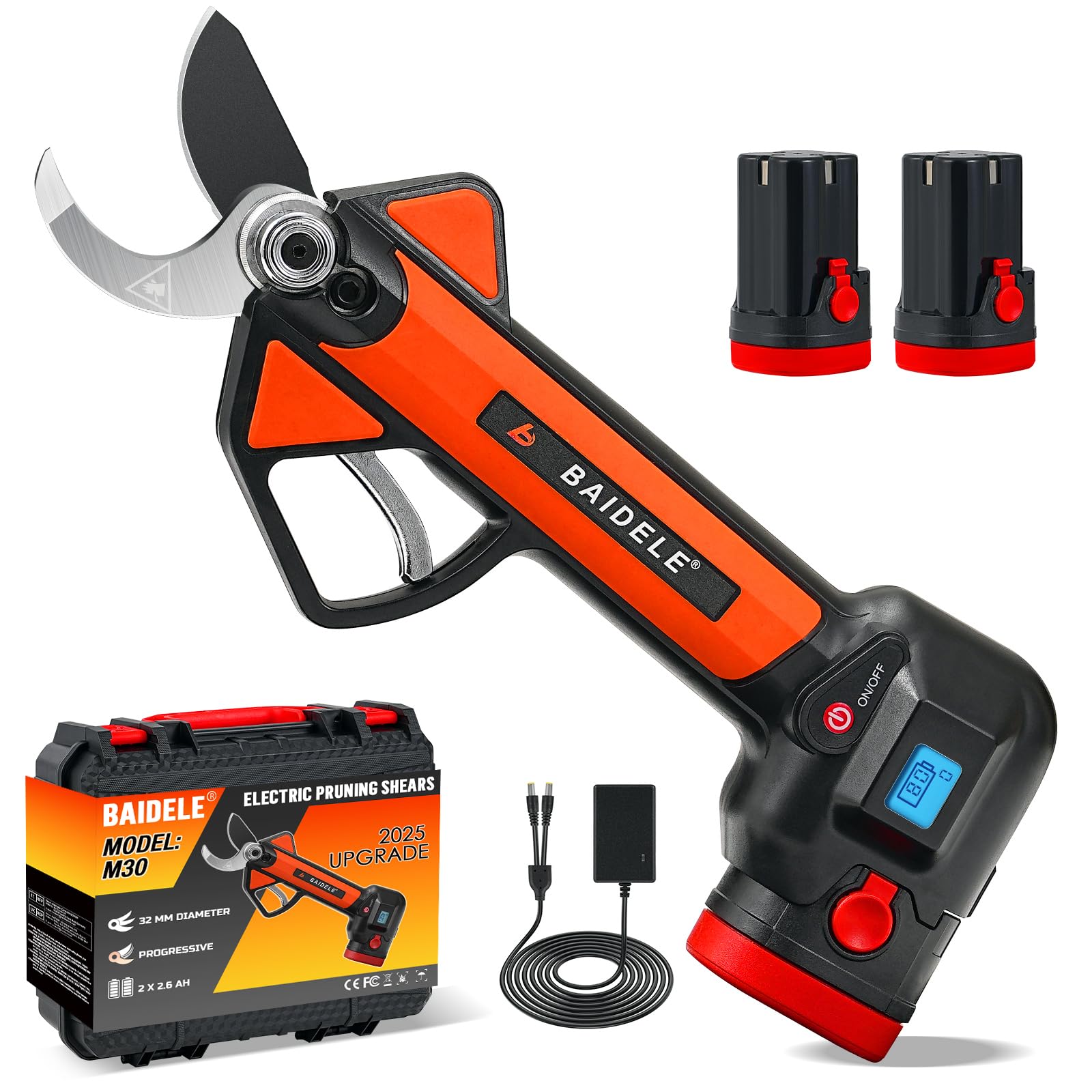 Forbici Potatura a Batteria 32mm, Progressivo Forbice Potatura a Batteria, Dotato di Schermo LCD e 2 x 2,6 AH Batterie Al Litio, 8-10 Ore Lavorative, Adatto a Negozi di Fiori, Frutteti e Giardini