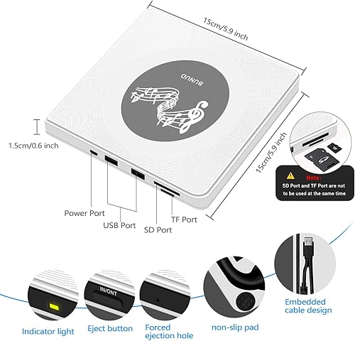 Miniatura 6 de BUNUD Unidad de DVD externa USB-C: Grabador de DVD externo USB 3.0 Unidad de CD portátil +/-RW con 2 ranuras USB y TF/SD - Grabador/reproductor de
