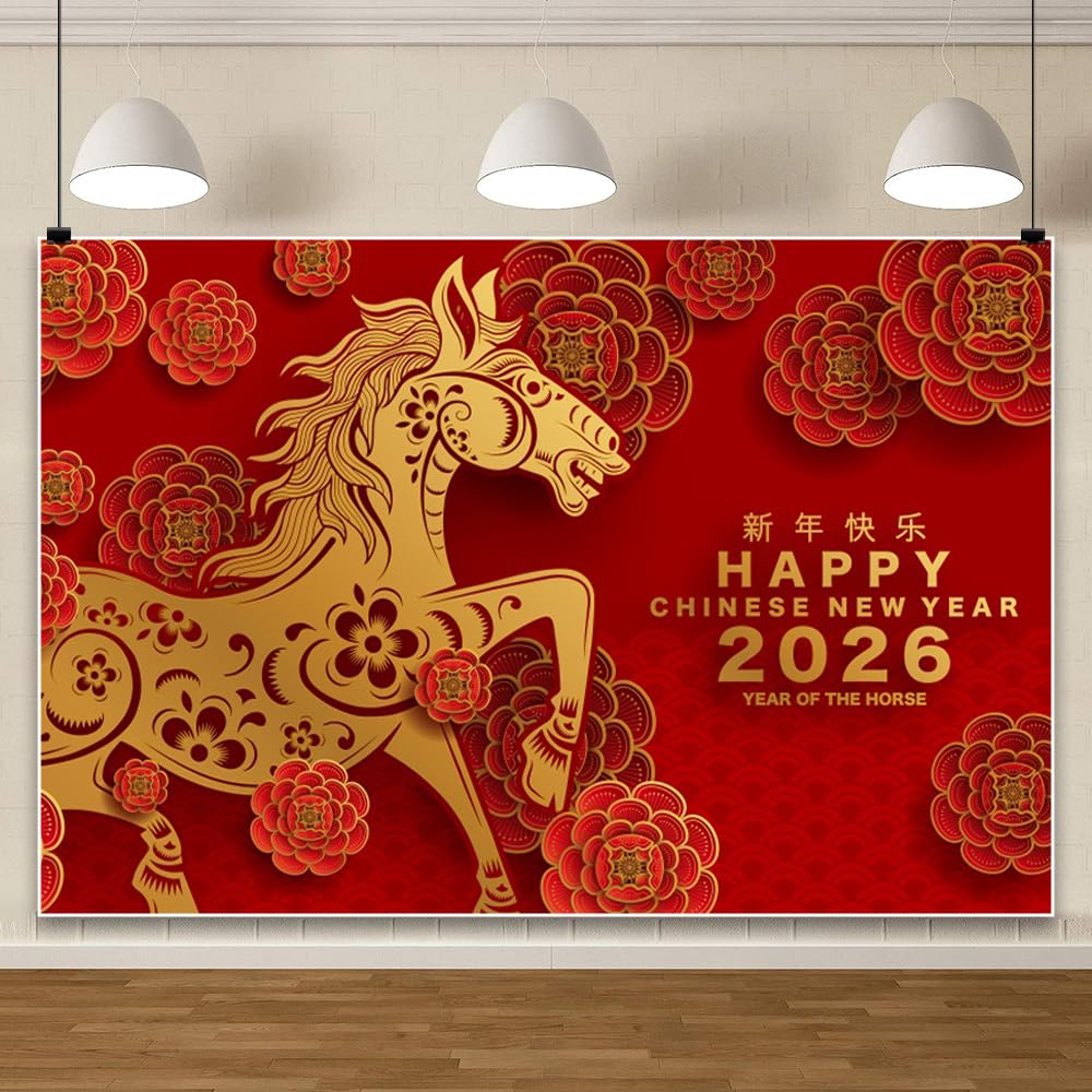 6x3m Neujahrshintergrund 2026 Mondkalender das Jahr des Pferdes chinesisches Frühlingsfest Fotografie-Hintergrund rote Blume Papierschnitt Evas Familienfeier Feier Banner