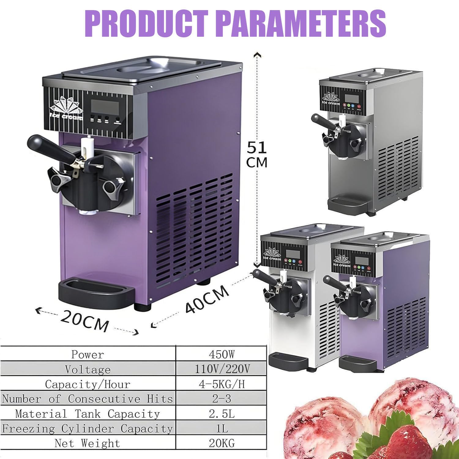 MáQuina Helado,Profesional Heladera Soft Serve,MáQuina de Helado de Un Solo Sabor, Rendimiento de 7,5 L/H, Preenfriamiento,Autolimpieza,Panel LCD para El Hogar Y Negocios. Purple