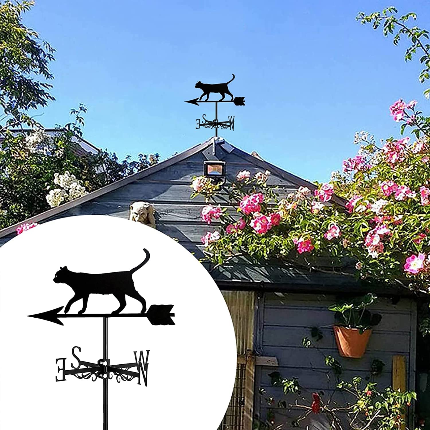 Ornement de chat girouette en métal, indicateur de direction du vent de la coq en acier inoxydable mignon forme de chat toit décoration de jardin, pour cour de ferme extérieur,Cat~e
