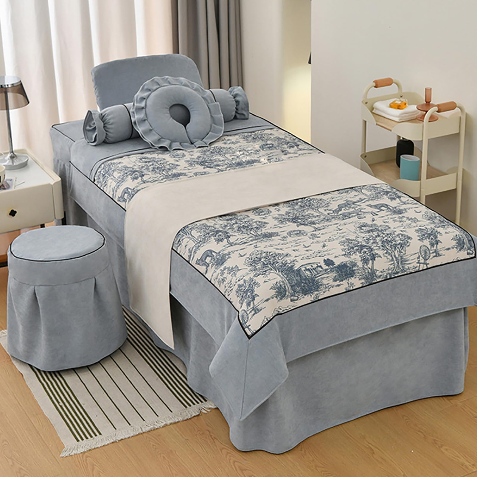 4-częściowy zestaw pościeli do stołu do masażu spa, kompletna narzuta na łóżko z poszewką na poduszkę i pokrowcem na stołek,Grey,70x190cm(28x75inch)