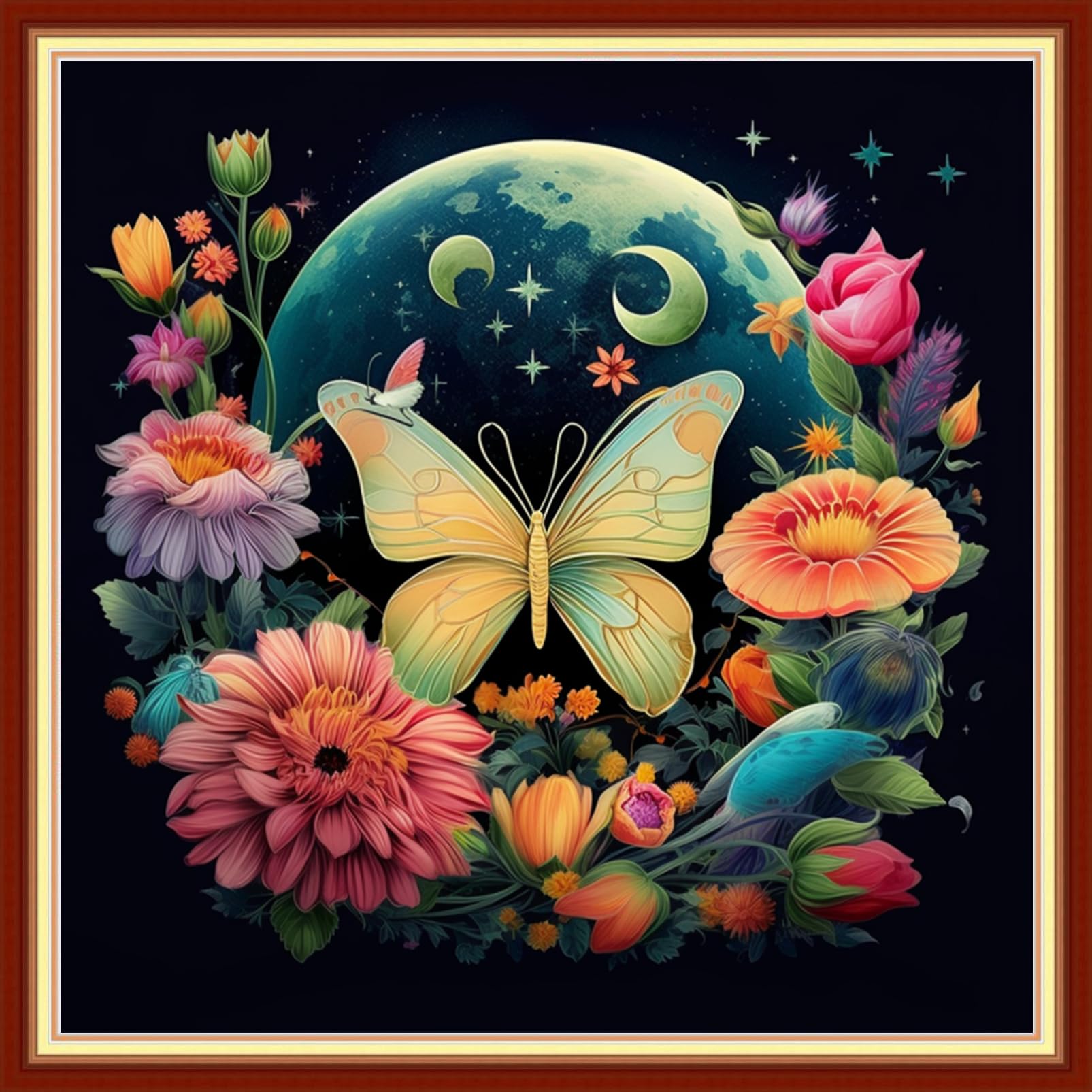 Foxdiviy Stamped Cross Stitch Kits Full Range of Embroidery Needlework Starter Kits for Beginners Adults 11CT Embroidery Patterns Art Crafts DIY Needlepoint Kits-Butterfly Moon 18x18 inch
