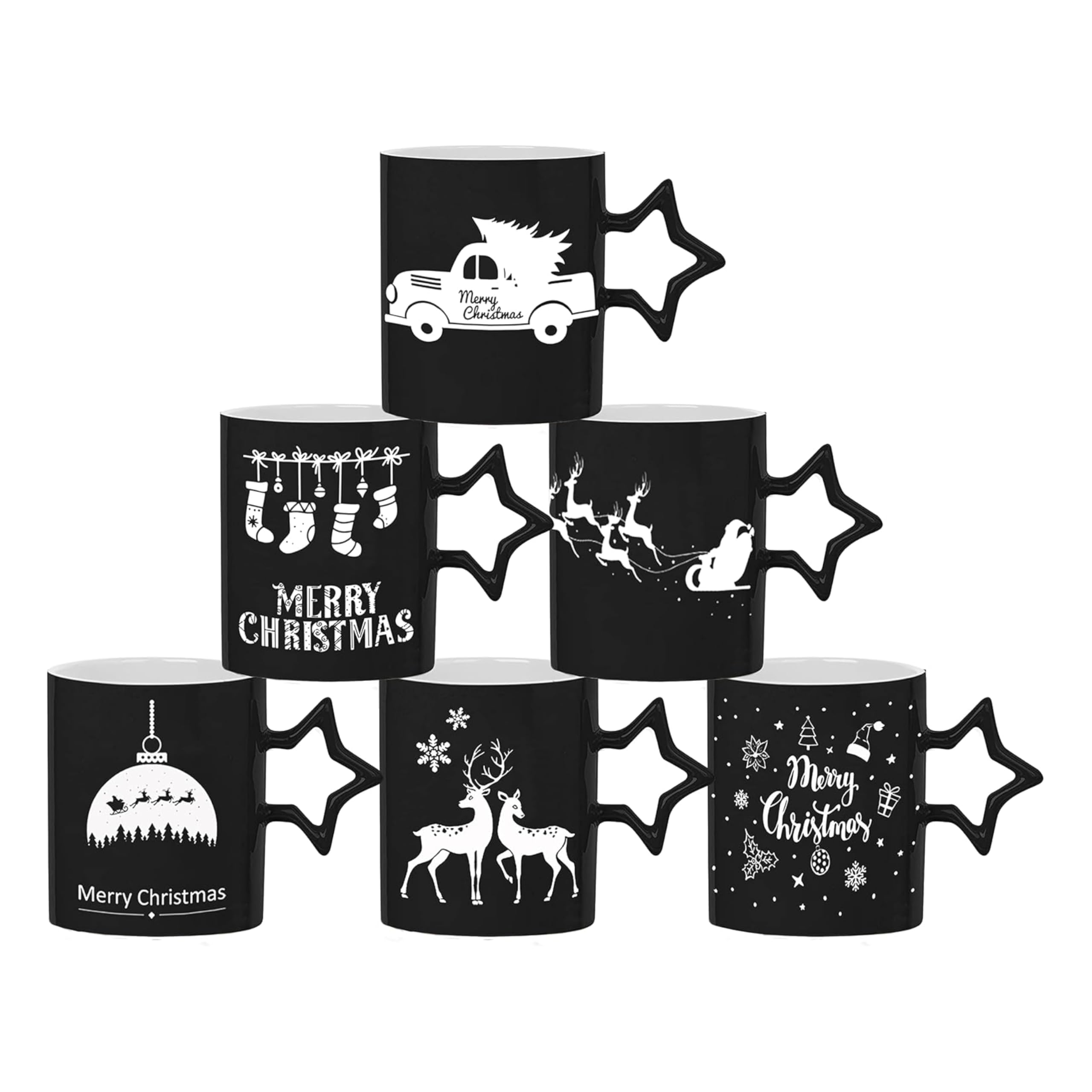 Bruntmor Black Coffee Mugs with Star Handle Set of 6 | Large-sized Mugs 14 Ounce New Year Holidays Novelty Cups - Decorative DIY Mugs| Hot Chocolate Gift Sets