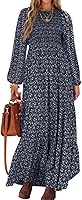 PRETTYGARDEN Women's Floral Smocked Maxi Dress 2026 Long Sleeve Flowy Tiered Crewneck Casual Spring Dress with Pockets