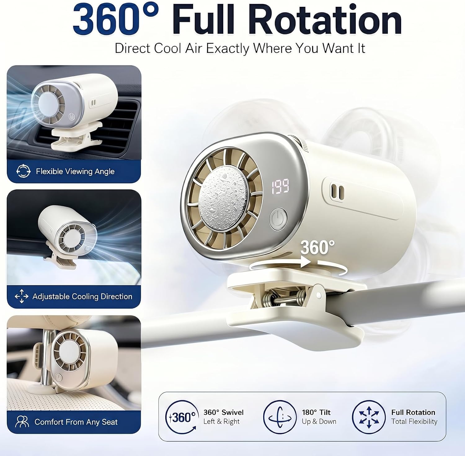 Portable Air Conditioners for Car with LED Display - 199 Adjustable Speeds, Clip On Air Conditioner Fan with 360°Rotation & Semi-Cooling System for Vehicle Office & Outdoor Use (White)
