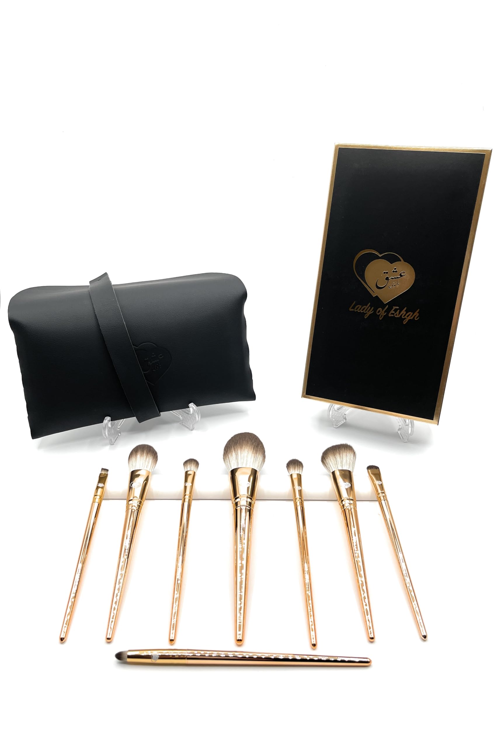 Delbar Gold Makeup Brushes by Lady of Eshgh | 8pc Full Face Makeup Brush Set with Travel Bag | Professional Make Up Brushes | Cruelty Free, Natural Hair-Like Bristles