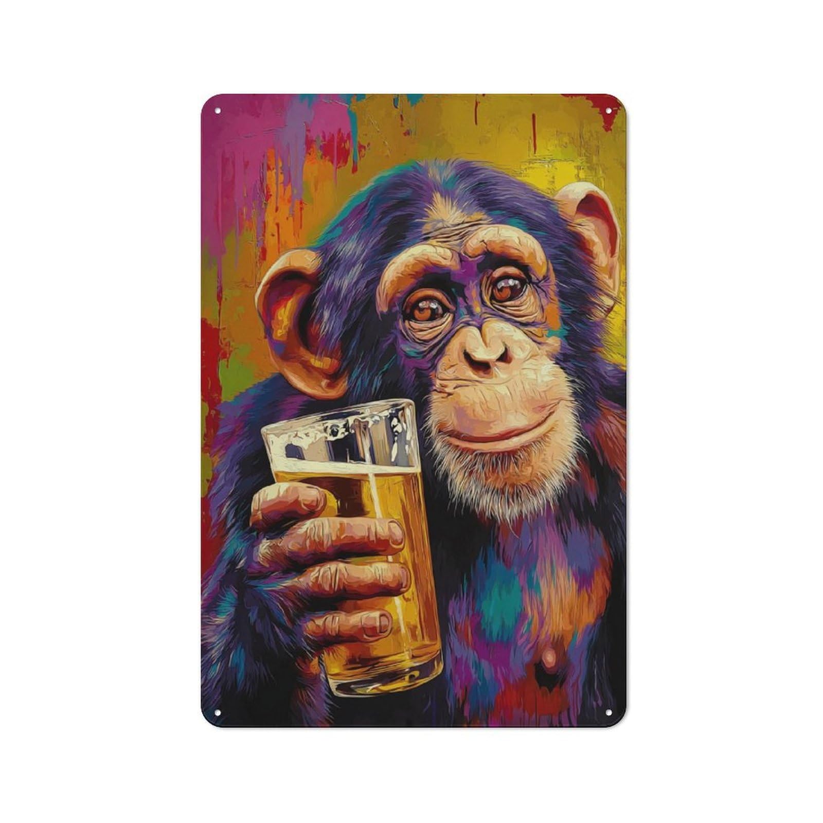 Junmoney Chimpanzee Enjoying A Glass Of Beer Retro Metal Wall Sign 30X20cm For Man Cave Or Games Room, A Housewarming Gift For Games Room Collectors