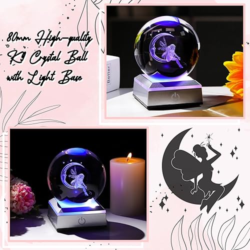 Miniatura 4 de Ornalrist Bola de cristal de 3.15"8CM grabada en 3D de hadas con luna para hija, esposa, esfera de cristal con base LED colorida ideas en