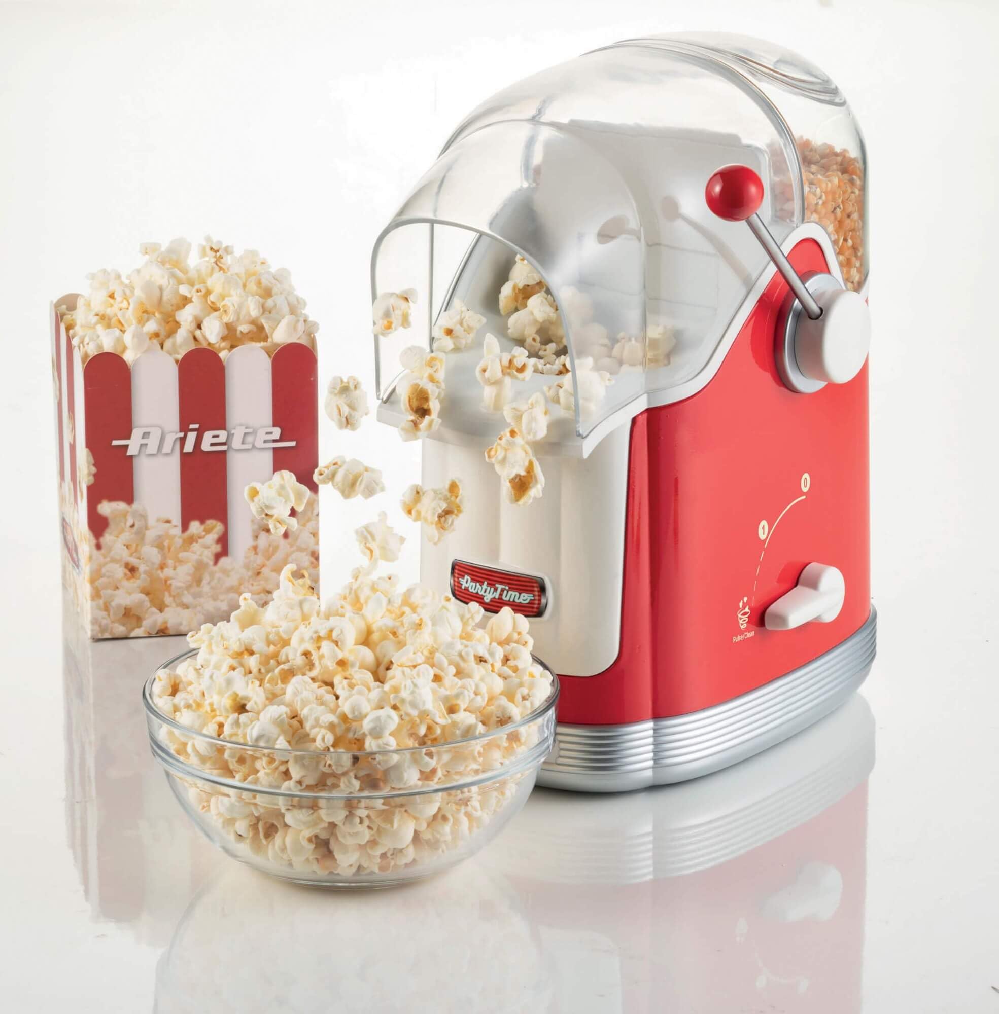 Ariete 2958 Pop Corn Maker Party Time, Macchina per pop corn con leva, 1100 Watt, Capacità 600 g, Cottura ad aria calda senza grassi, Rosso