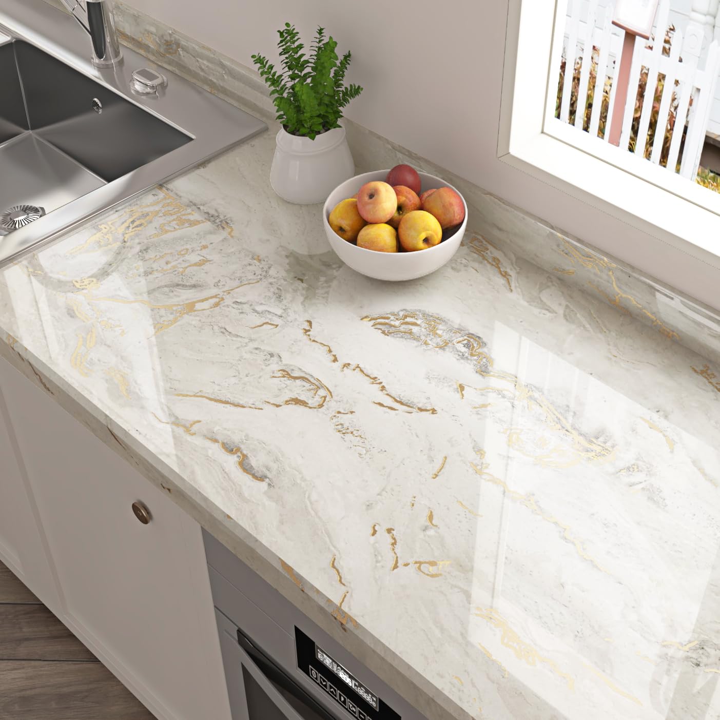 Wallderful Marble Contact Paper Beige Gold Marble Wallpaper Glossy Peel and Stick Countertop Self Adhesive Granite Sticker Countertop Waterproof
