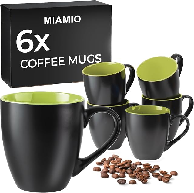 MIAMIO - 6 x 350 ml Stoneware Coffee Mug/Cup Set - Le Papillon Collection (Black-Green)